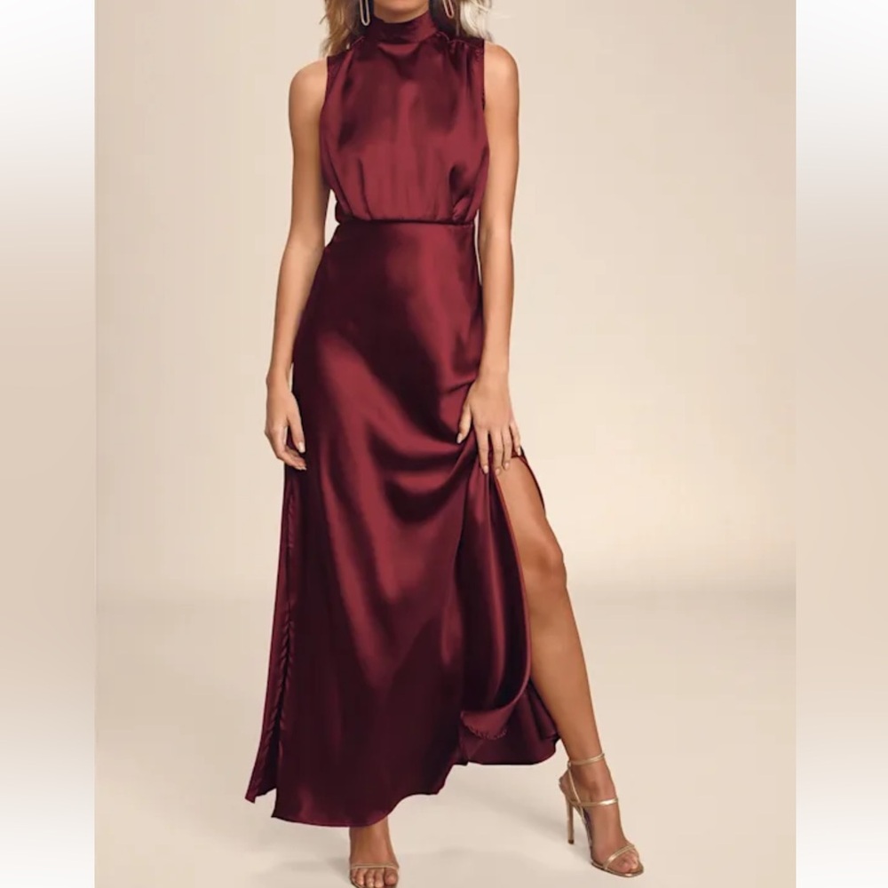 Lulus Classic Elegance Wine Satin Mock neck keyhole back Maxi Dress size XL NWT